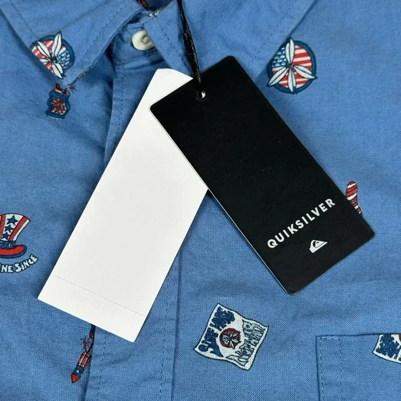 Quiksilver Short Sleeve Shirt Mens L Button Up Blue 4th Of July Patriotic Print - Picture 3 of 7